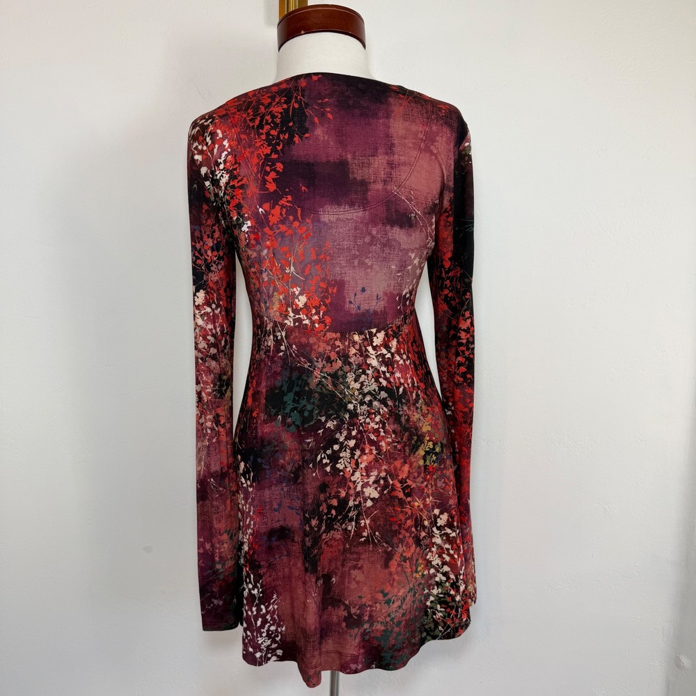 Peruvian Connection Floral Print Tunic Dress Burgundy Small Boho Art To Wear - Picture 7 of 13